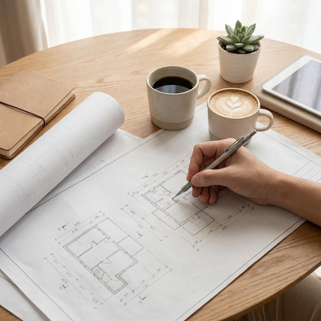 Ahşap masa üzerinde mimari planlar